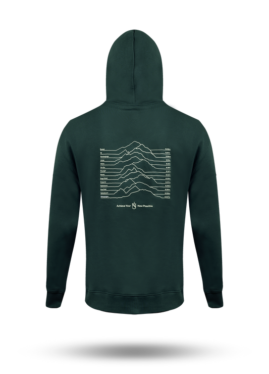 A nimsdai store relentless dark green hoodie shown from the back, featuring a white topographic mountain line graphic and the text 'Achieve your new possible' by nims purja